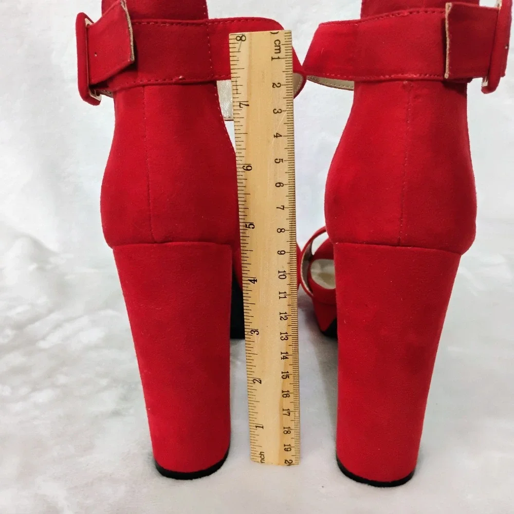 Dream Pairs Hi-Lo Red Faux Suede Platform Block Heel Sandals Womens 9 Open Toe